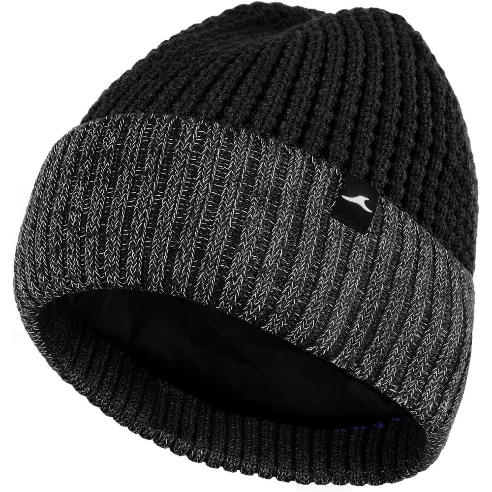 imageAchiou Winter Reflective Beanie Hat for Men Women Warm Cuffed Winter Knit Hat Cap for Running Outdoor Sports High VisibilityBlack