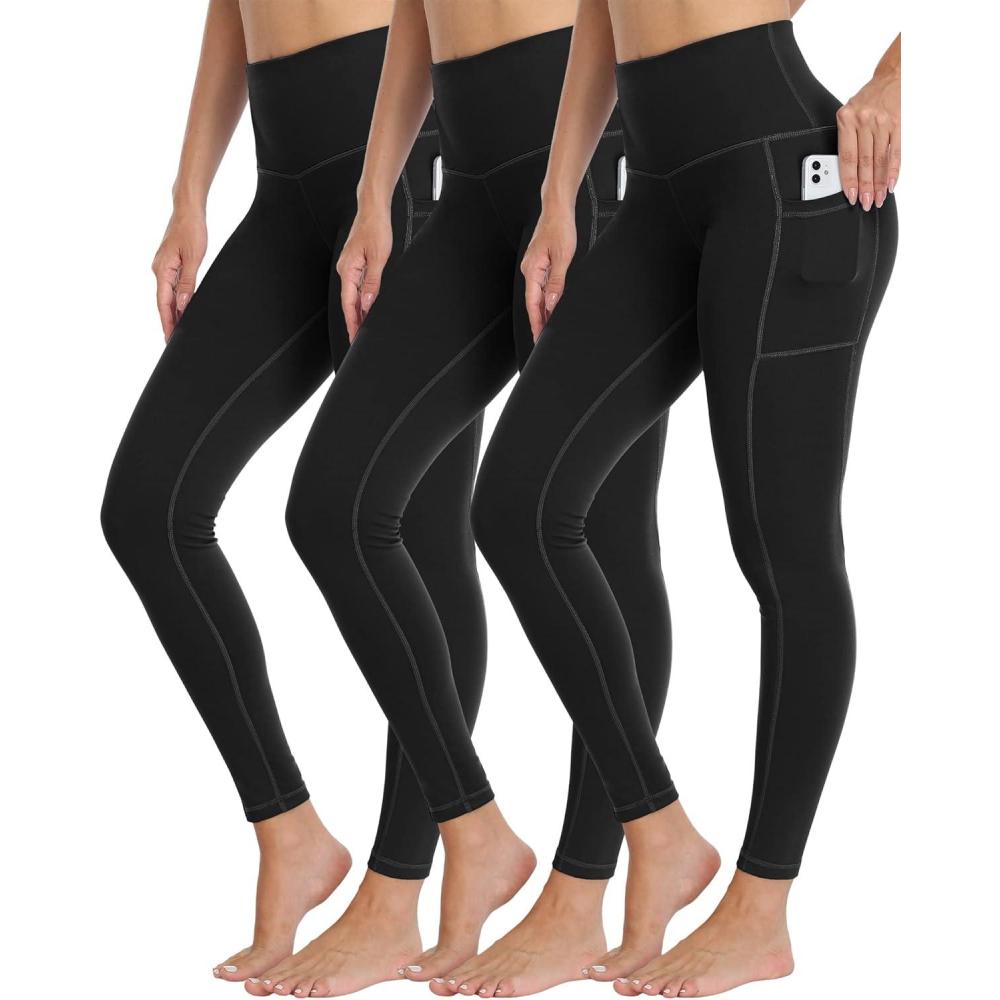 imageLZYVOO 3 Pack Leggings with Pockets for WomenHigh Waisted Workout Tummy Control Yoga Pants 3Pack BlackM