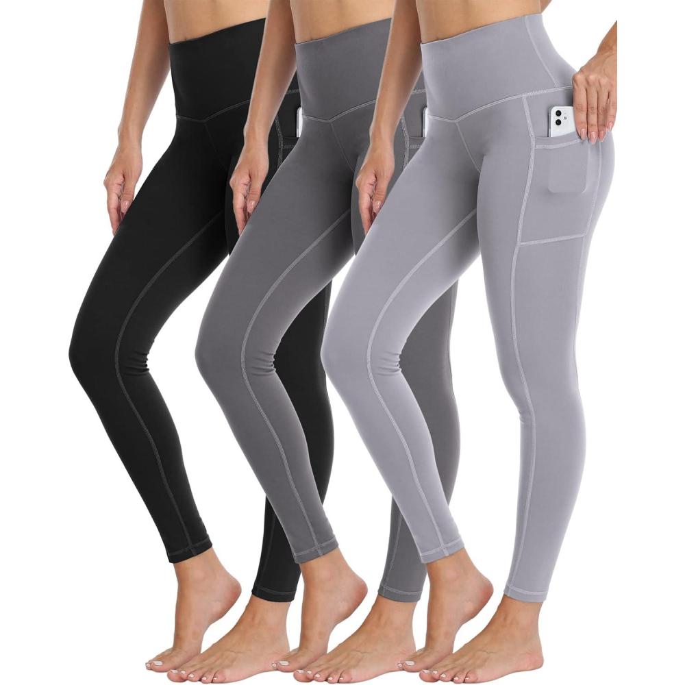 imageLZYVOO 3 Pack Leggings with Pockets for WomenHigh Waisted Workout Tummy Control Yoga Pants BlacDgrayLgrayM