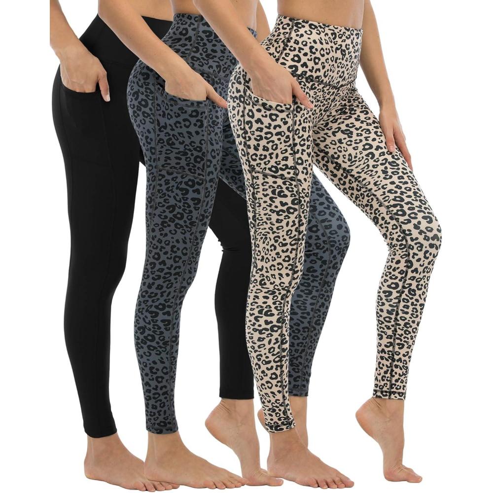 imageLZYVOO 3 Pack Leggings with Pockets for WomenHigh Waisted Workout Tummy Control Yoga Pants BlackBlack LeopardYellow Leopard S