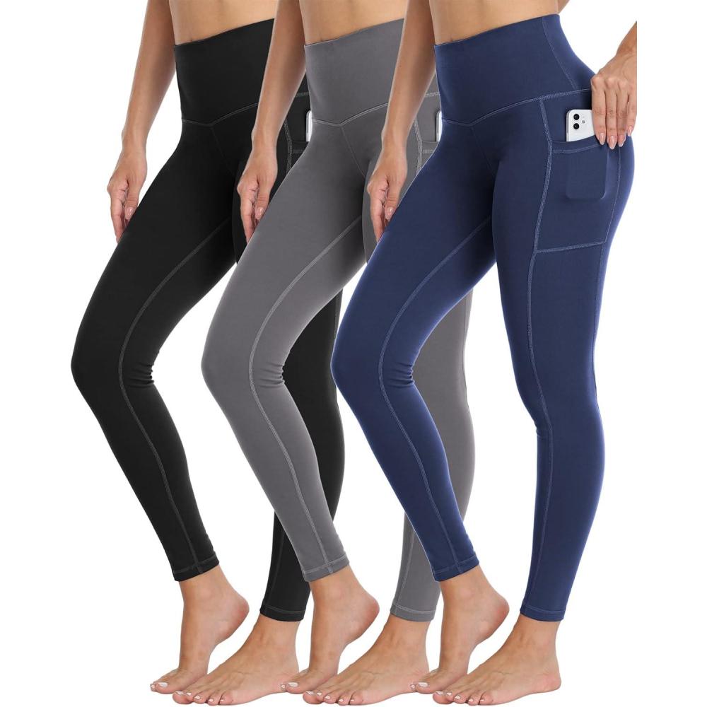 imageLZYVOO 3 Pack Leggings with Pockets for WomenHigh Waisted Workout Tummy Control Yoga Pants BlackDgrayNavM