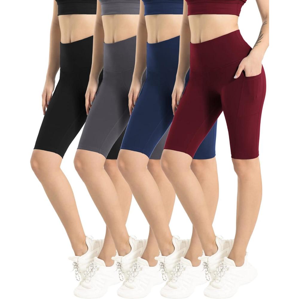 imageLZYVOO 4 Pack Womens Biker Shorts with Pockets High Waist Workout Yoga Shorts for WomenBlacDgreyNavBurXL