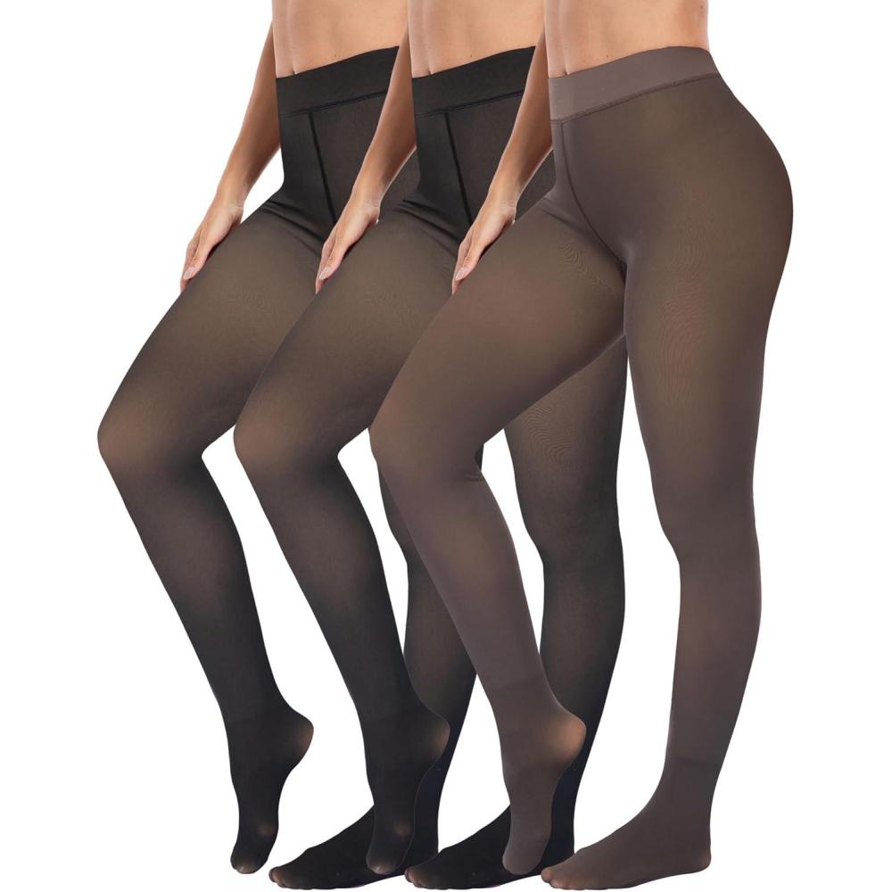 imageLZYVOO Fleece Lined Winter Tights Women  Fake Translucent Warm Pantyhose Sheer Thick Thermal Tights Leggings3 Packs  Black  Black  Dark Brown
