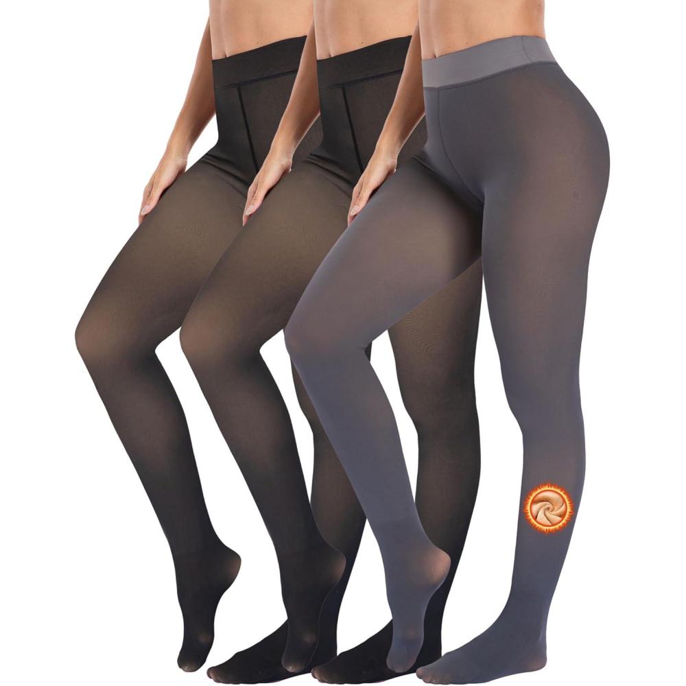 imageLZYVOO Fleece Lined Winter Tights Women Fake Translucent Warm Pantyhose Sheer Thick Thermal Tights Leggings3 Packs Black Black Grey