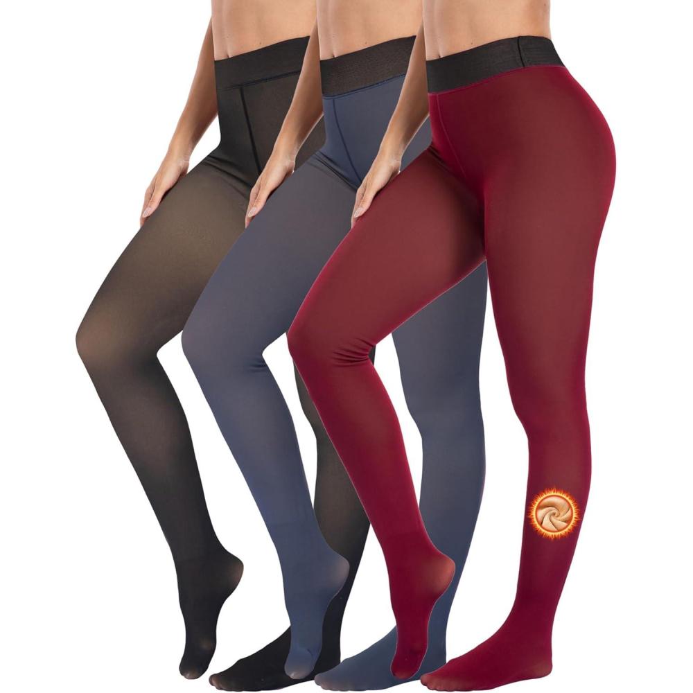 imageLZYVOO Fleece Lined Winter Tights Women Fake Translucent Warm Pantyhose Sheer Thick Thermal Tights Leggings3 Packs Black Navy Wine