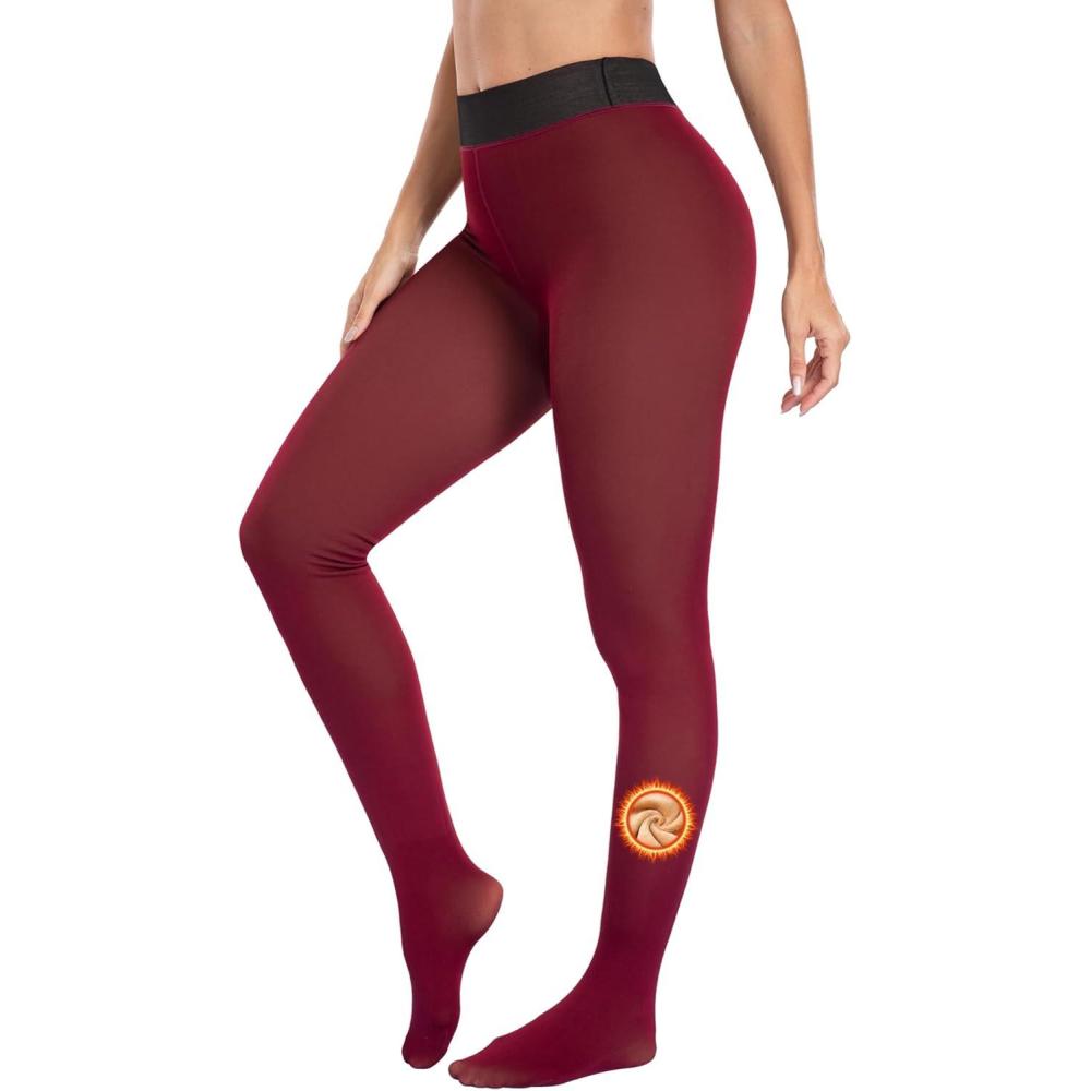 imageLZYVOO Fleece Lined Winter Tights Women Fake Translucent Warm Pantyhose Sheer Thick Thermal Tights LeggingsWine