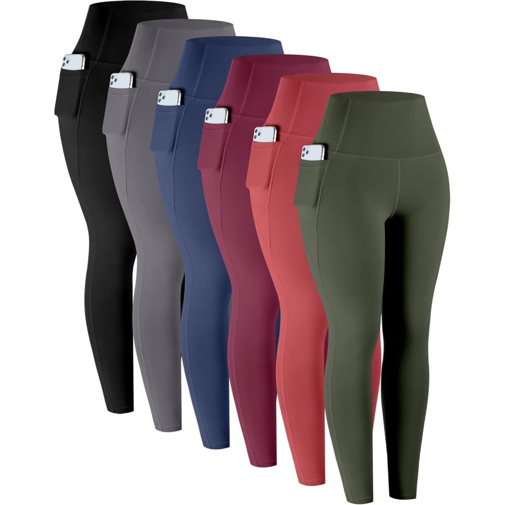 imageLZYVOO Leggings with Pockets for Women 6 Packs Soft High Waisted Tummy Control Workout Yoga Pants6 Packs Black gray navy army Green burgundy coral Red