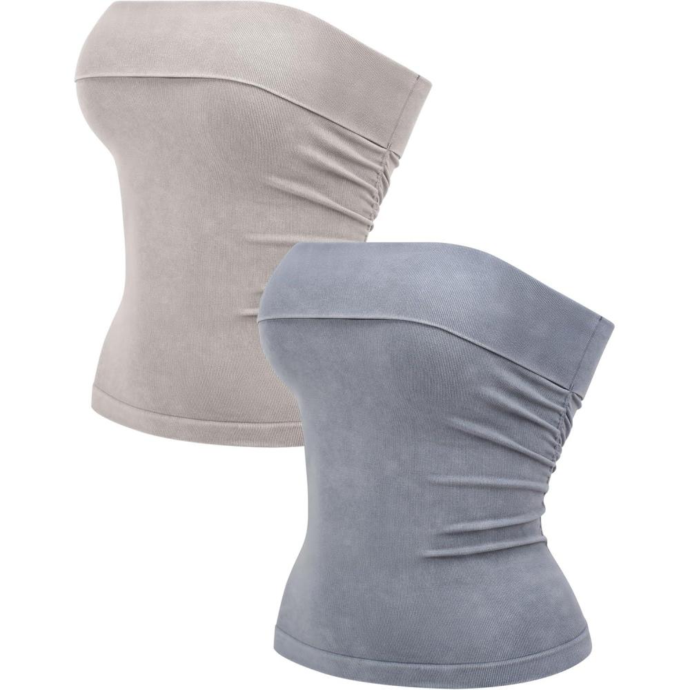 imageOLCHEE Womens 2PK Tube Tops Off Shoulder Seamless Ribbed Strapless Sleeveless Side Ruched Slim Fitted Summer Going Out TopAcid Wash Grey  Cream