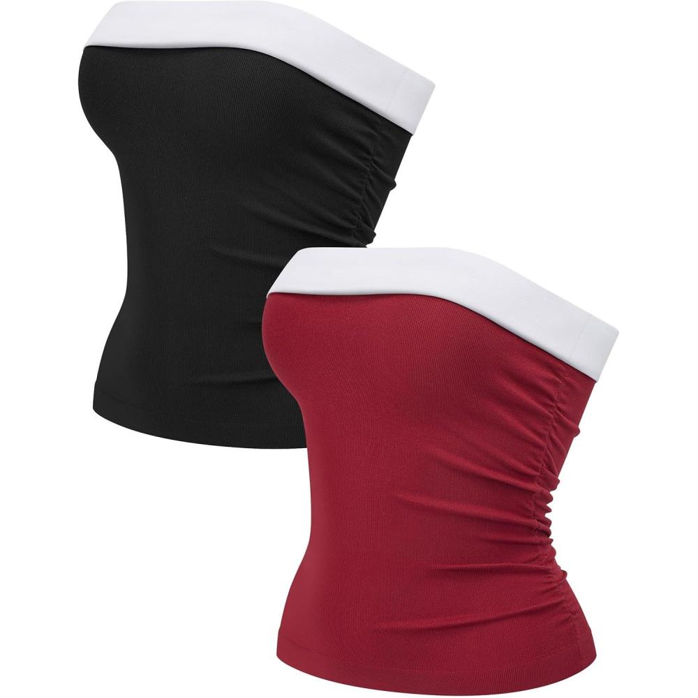 imageOLCHEE Womens 2PK Tube Tops Off Shoulder Seamless Ribbed Strapless Sleeveless Side Ruched Slim Fitted Summer Going Out TopContrast Black  Cherry Red