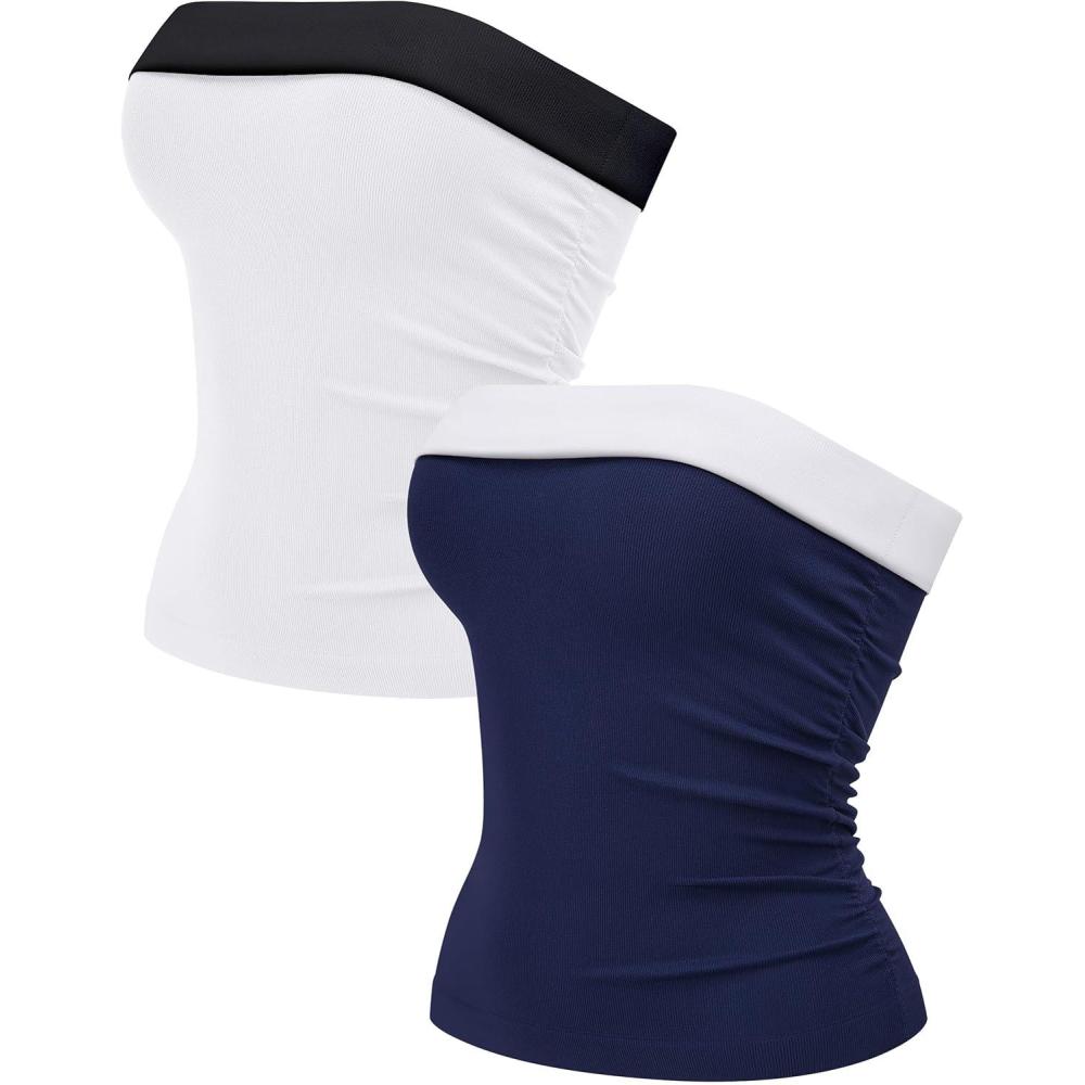 imageOLCHEE Womens 2PK Tube Tops Off Shoulder Seamless Ribbed Strapless Sleeveless Side Ruched Slim Fitted Summer Going Out TopContrast Navy  White