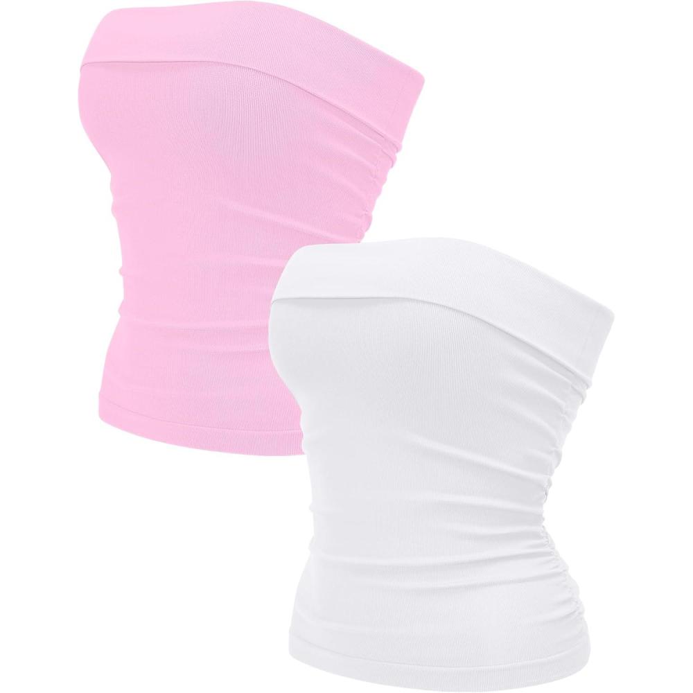 imageOLCHEE Womens 2PK Tube Tops Off Shoulder Seamless Ribbed Strapless Sleeveless Side Ruched Slim Fitted Summer Going Out TopWhite  Light Pink