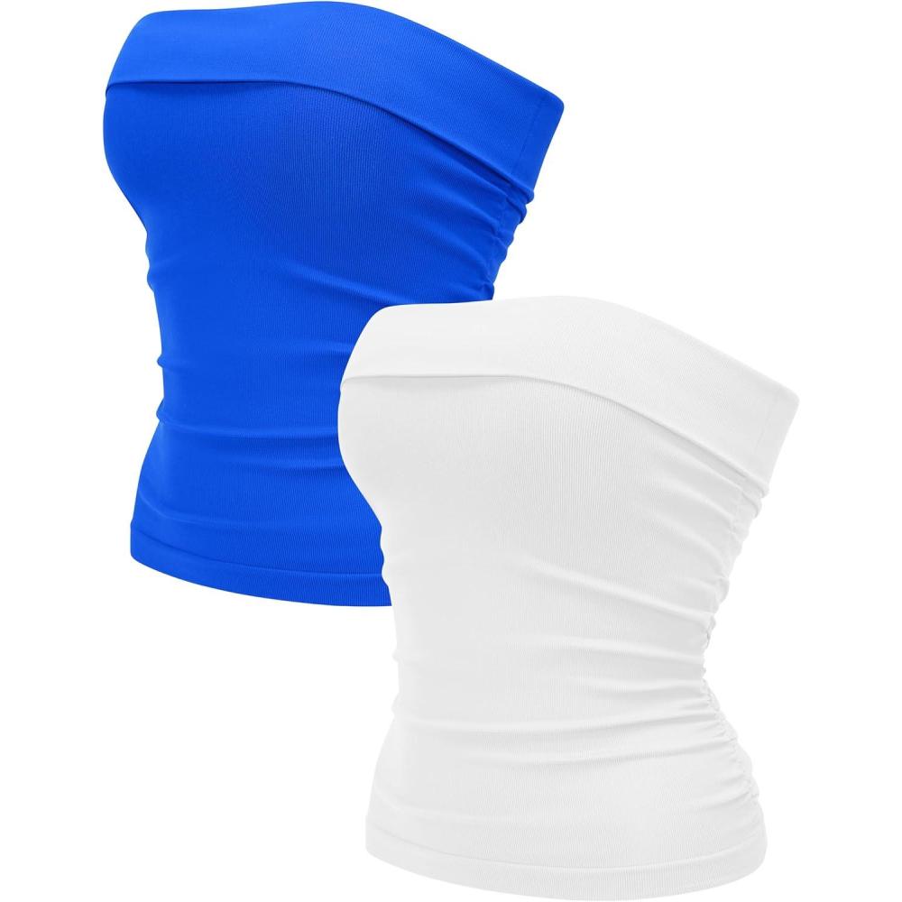 imageOLCHEE Womens 2PK Tube Tops Off Shoulder Seamless Ribbed Strapless Sleeveless Side Ruched Slim Fitted Summer Going Out TopWhite Royal Blue