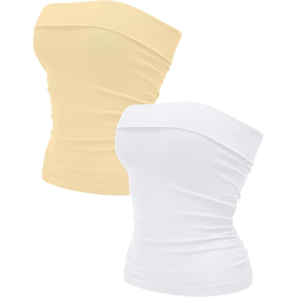 imageOLCHEE Womens 2PK Tube Tops Off Shoulder Seamless Ribbed Strapless Sleeveless Side Ruched Slim Fitted Summer Going Out TopWhite  Yellow