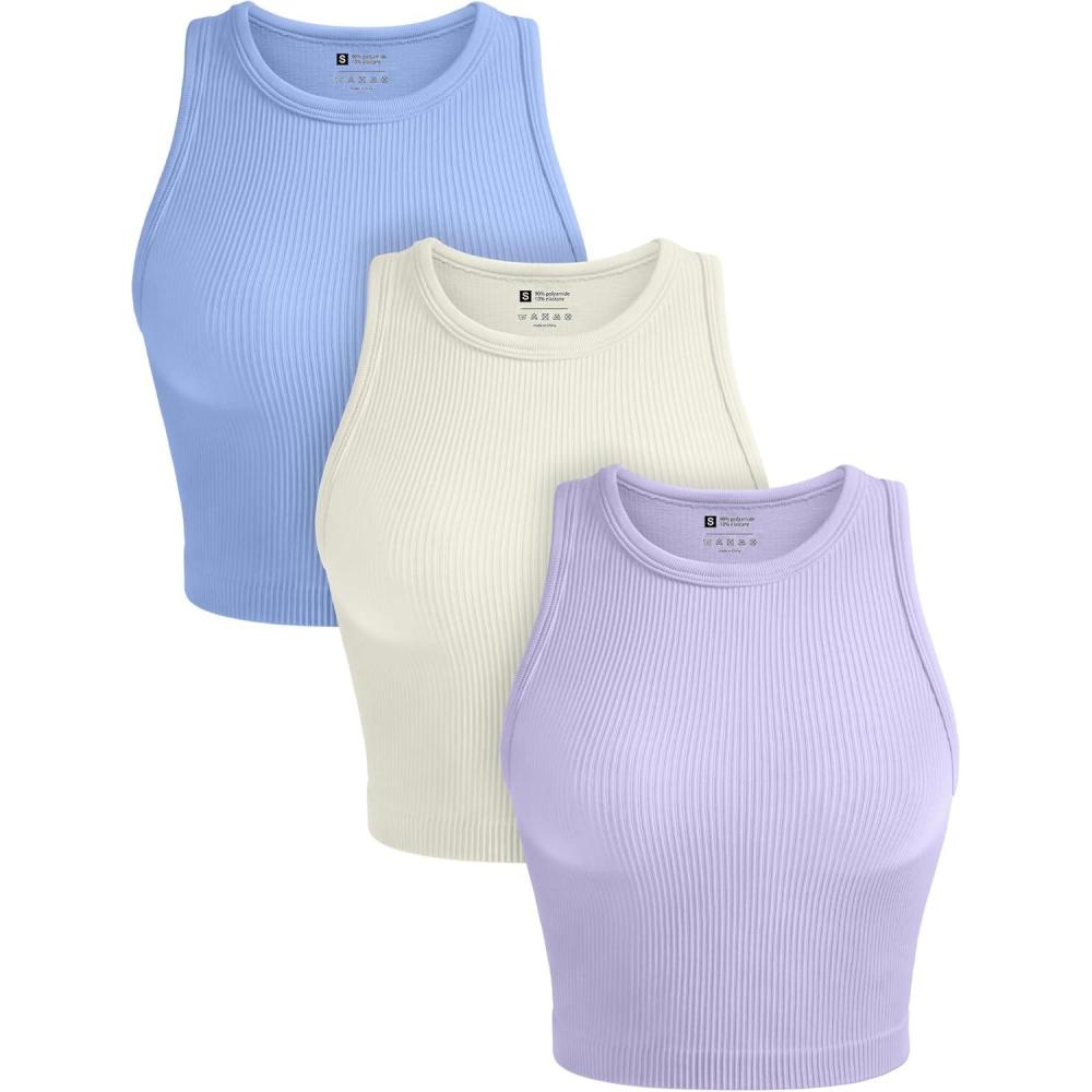 imageOLCHEE Womens 3 Pack Crop Tank Tops Basic Seamless Ribbed Round High Neck Racerback Workout Top Summer Causal Yoga Gym ShirtsBeige Light Blue Lavender