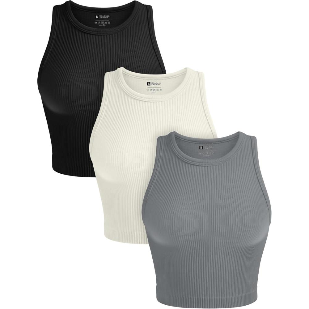 imageOLCHEE Womens 3 Pack Crop Tank Tops Basic Seamless Ribbed Round High Neck Racerback Workout Top Summer Causal Yoga Gym ShirtsBlack Beige Light Grey