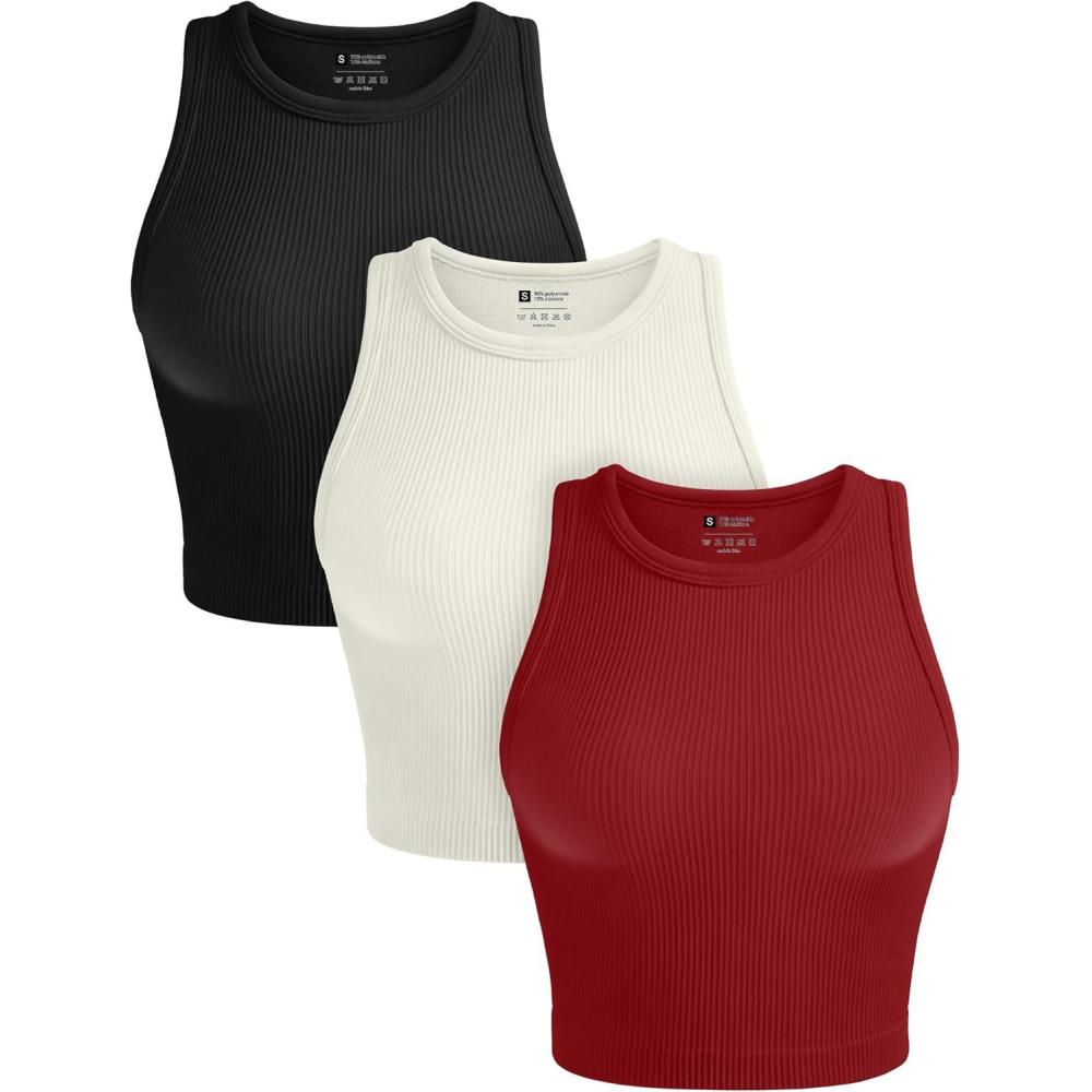 imageOLCHEE Womens 3 Pack Crop Tank Tops Basic Seamless Ribbed Round High Neck Racerback Workout Top Summer Causal Yoga Gym ShirtsBlack Beige Red