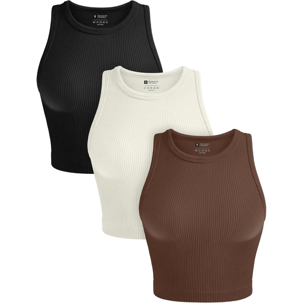 imageOLCHEE Womens 3 Pack Crop Tank Tops Basic Seamless Ribbed Round High Neck Racerback Workout Top Summer Causal Yoga Gym ShirtsBlack Brown Beige