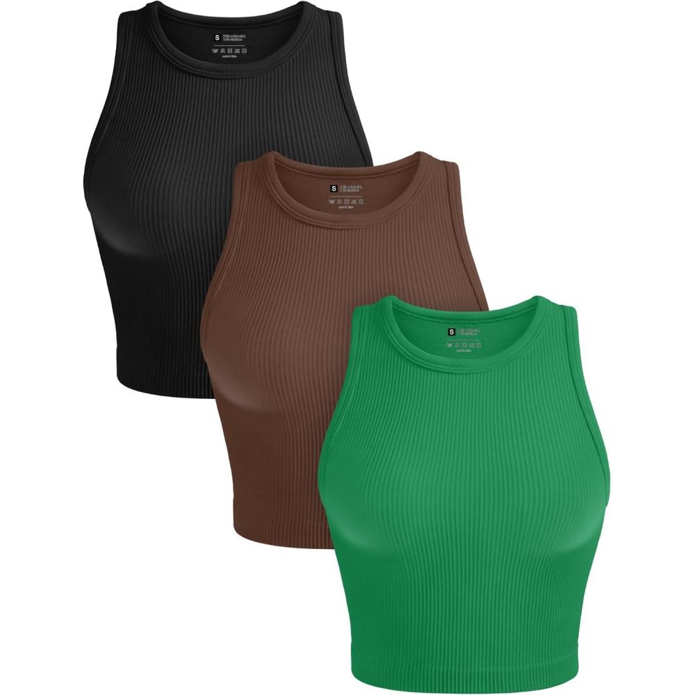imageOLCHEE Womens 3 Pack Crop Tank Tops Basic Seamless Ribbed Round High Neck Racerback Workout Top Summer Causal Yoga Gym ShirtsBlack  Brown  Grass Green