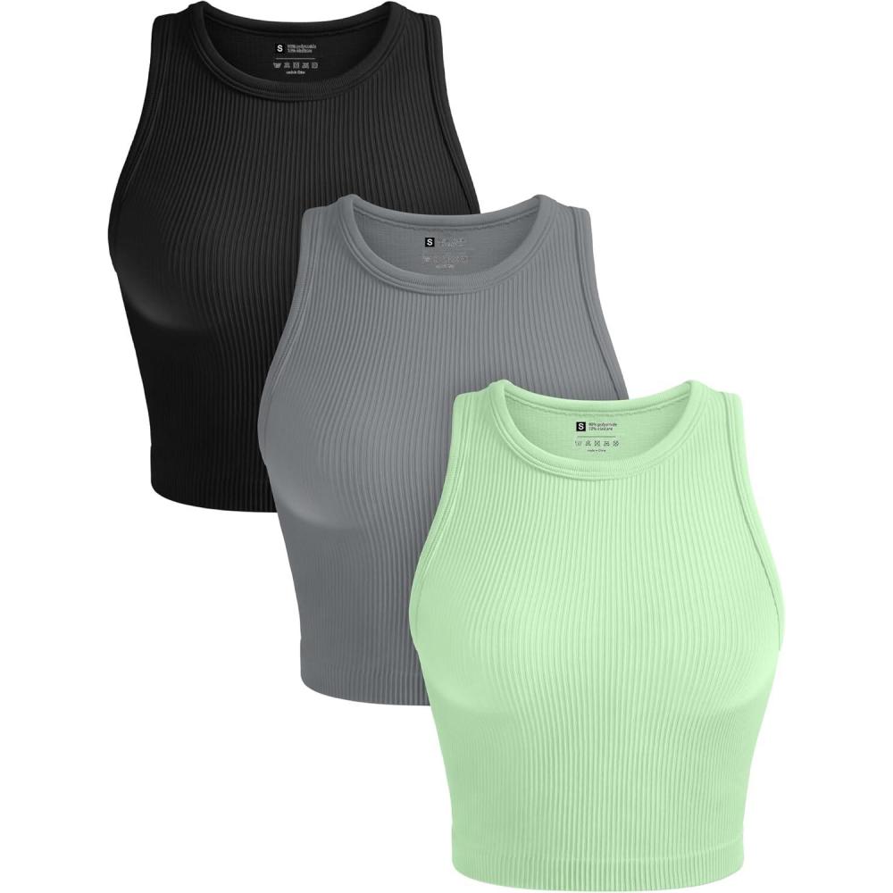 imageOLCHEE Womens 3 Pack Crop Tank Tops Basic Seamless Ribbed Round High Neck Racerback Workout Top Summer Causal Yoga Gym ShirtsBlack Light Grey Olive Green
