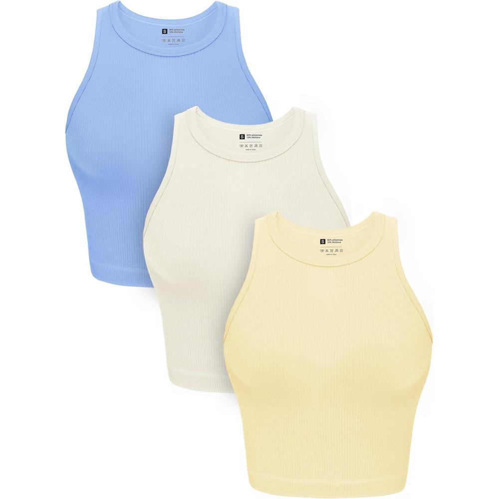 imageOLCHEE Womens 3 Pack Crop Tank Tops Basic Seamless Ribbed Round High Neck Racerback Workout Top Summer Causal Yoga Gym ShirtsBlue  Beige  Yellow