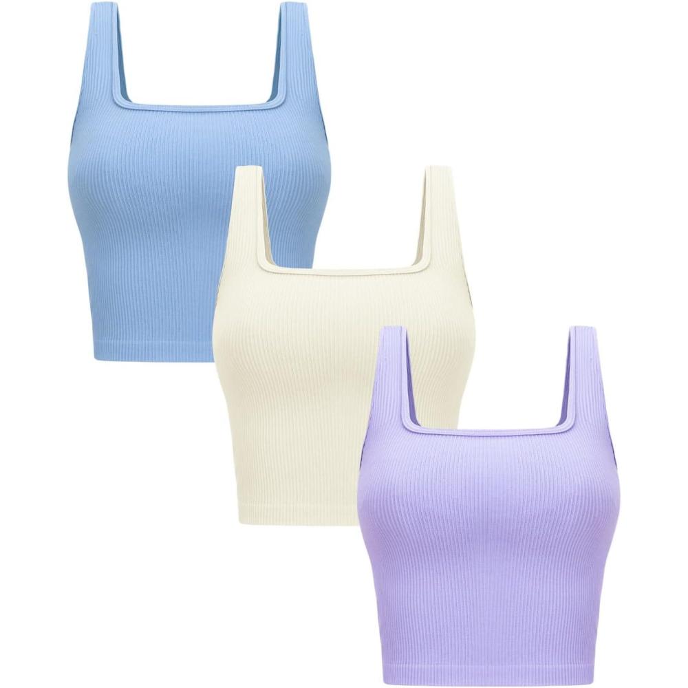 imageOLCHEE Womens 3 Pack Crop Tank Tops Basic Seamless Ribbed Sleeveless Square Neck Workout Top Summer Exercise Yoga Gym ShirtsBeige  Light Blue  Lavender