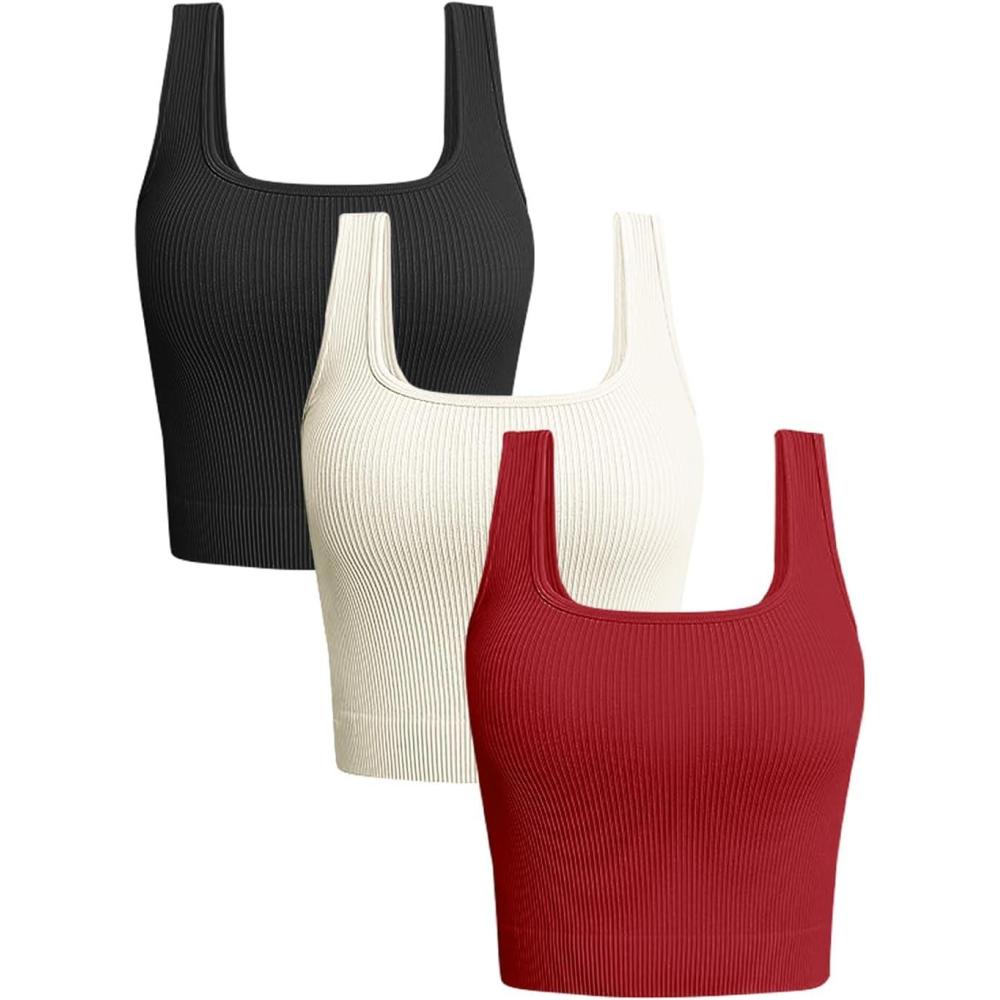 imageOLCHEE Womens 3 Pack Crop Tank Tops Basic Seamless Ribbed Sleeveless Square Neck Workout Top Summer Exercise Yoga Gym ShirtsBlack  Beige  Red
