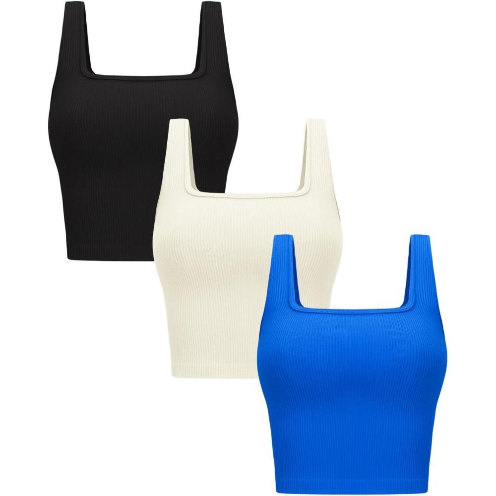 imageOLCHEE Womens 3 Pack Crop Tank Tops Basic Seamless Ribbed Sleeveless Square Neck Workout Top Summer Exercise Yoga Gym ShirtsBlack  Beige  Royal Blue
