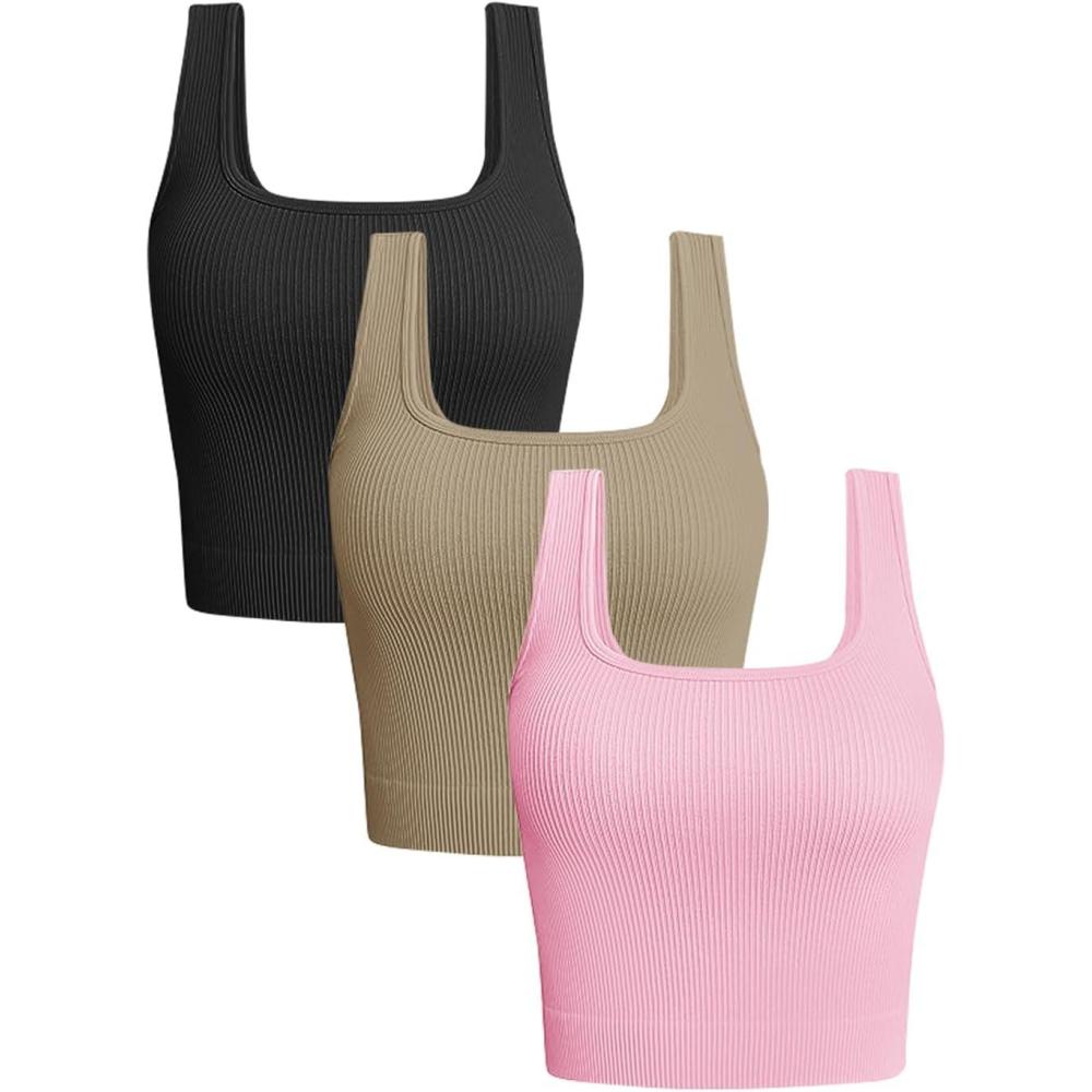imageOLCHEE Womens 3 Pack Crop Tank Tops Basic Seamless Ribbed Sleeveless Square Neck Workout Top Summer Exercise Yoga Gym ShirtsBlack Khaki Pink