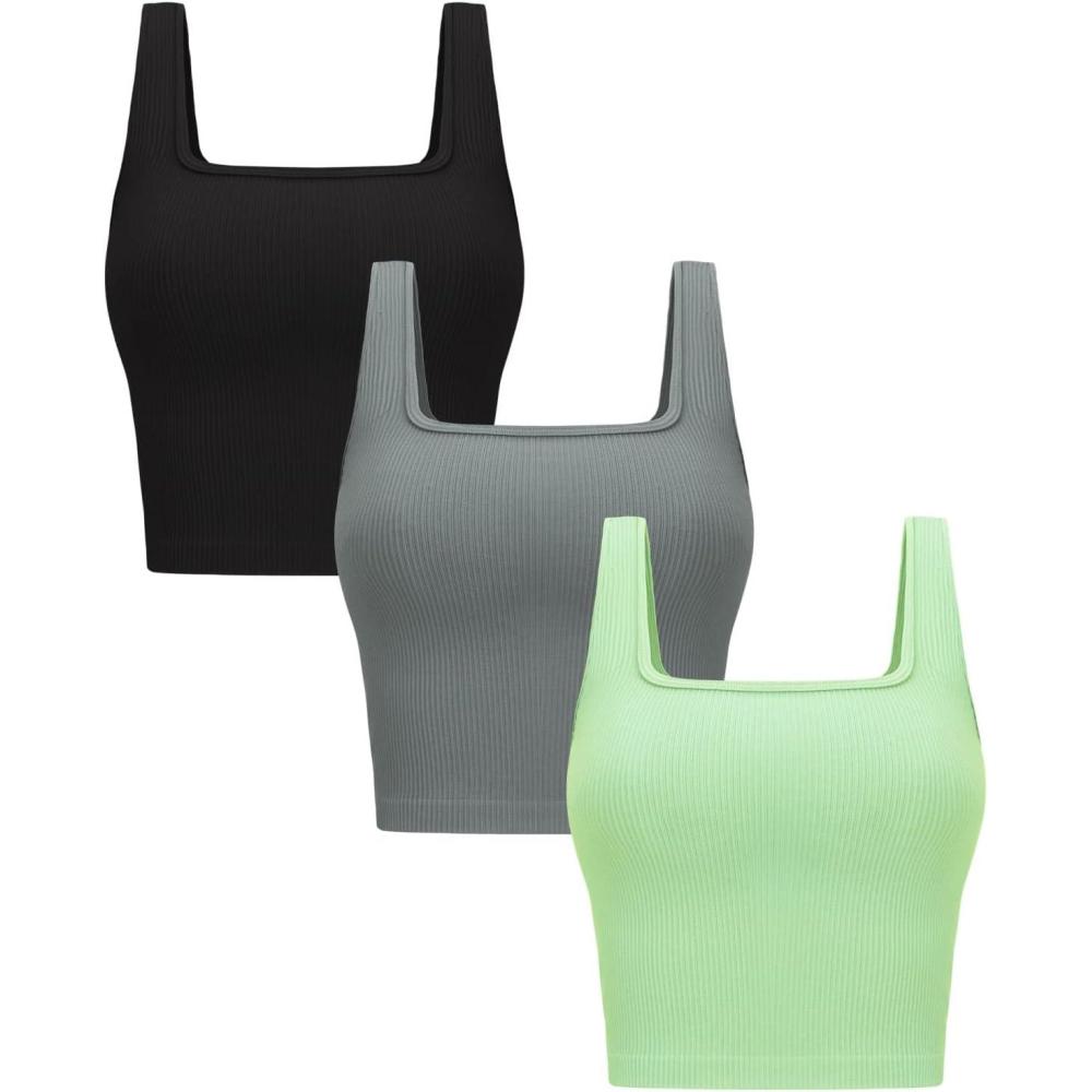 imageOLCHEE Womens 3 Pack Crop Tank Tops Basic Seamless Ribbed Sleeveless Square Neck Workout Top Summer Exercise Yoga Gym ShirtsBlack Light Grey Olive Green