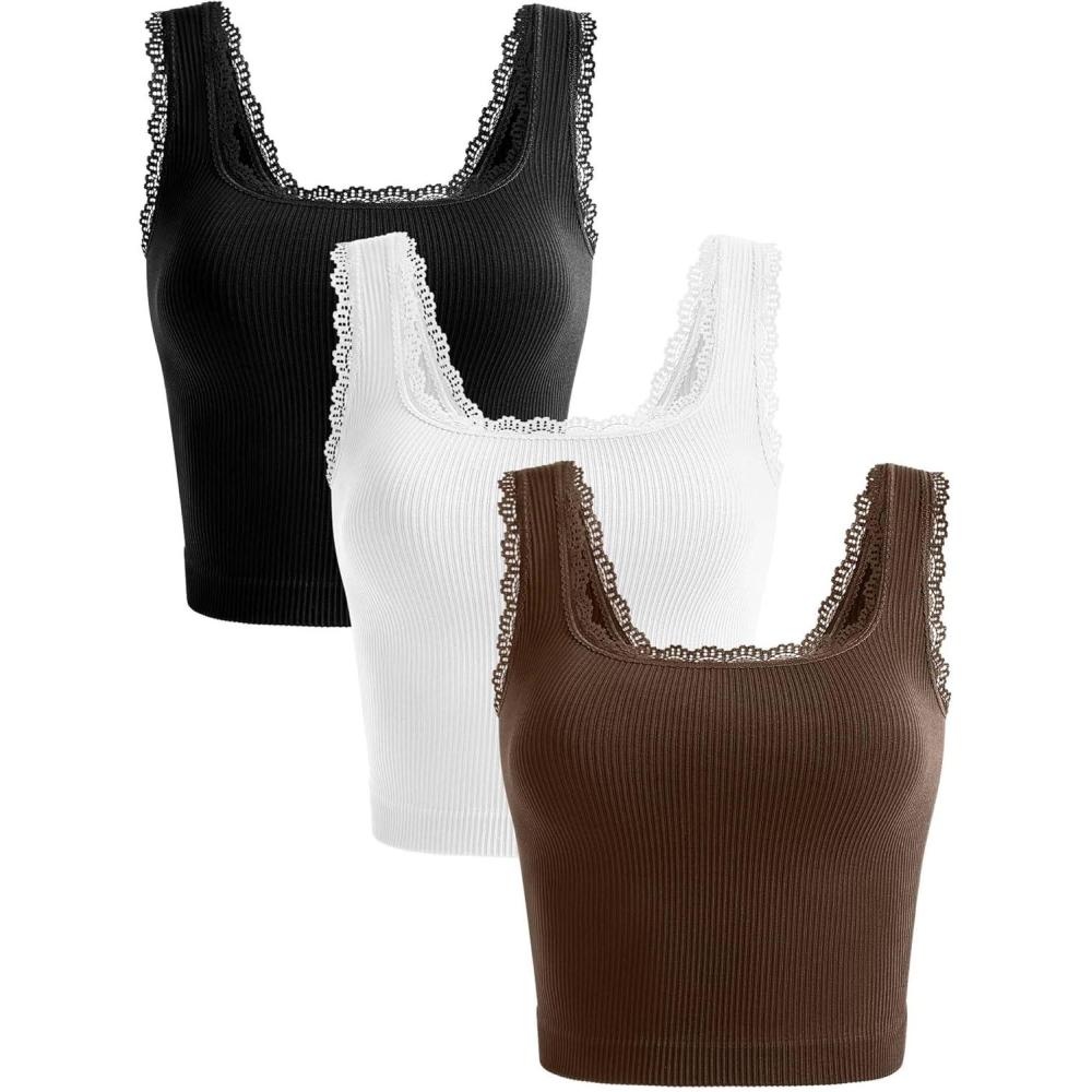 imageOLCHEE Womens 3 Pack Crop Tank Tops Basic Seamless Ribbed Sleeveless Square Neck Workout Top Summer Exercise Yoga Gym ShirtsLace Black White Brown