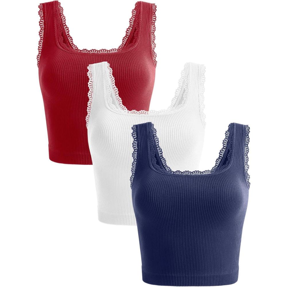 imageOLCHEE Womens 3 Pack Crop Tank Tops Basic Seamless Ribbed Sleeveless Square Neck Workout Top Summer Exercise Yoga Gym ShirtsLace Navy White Red