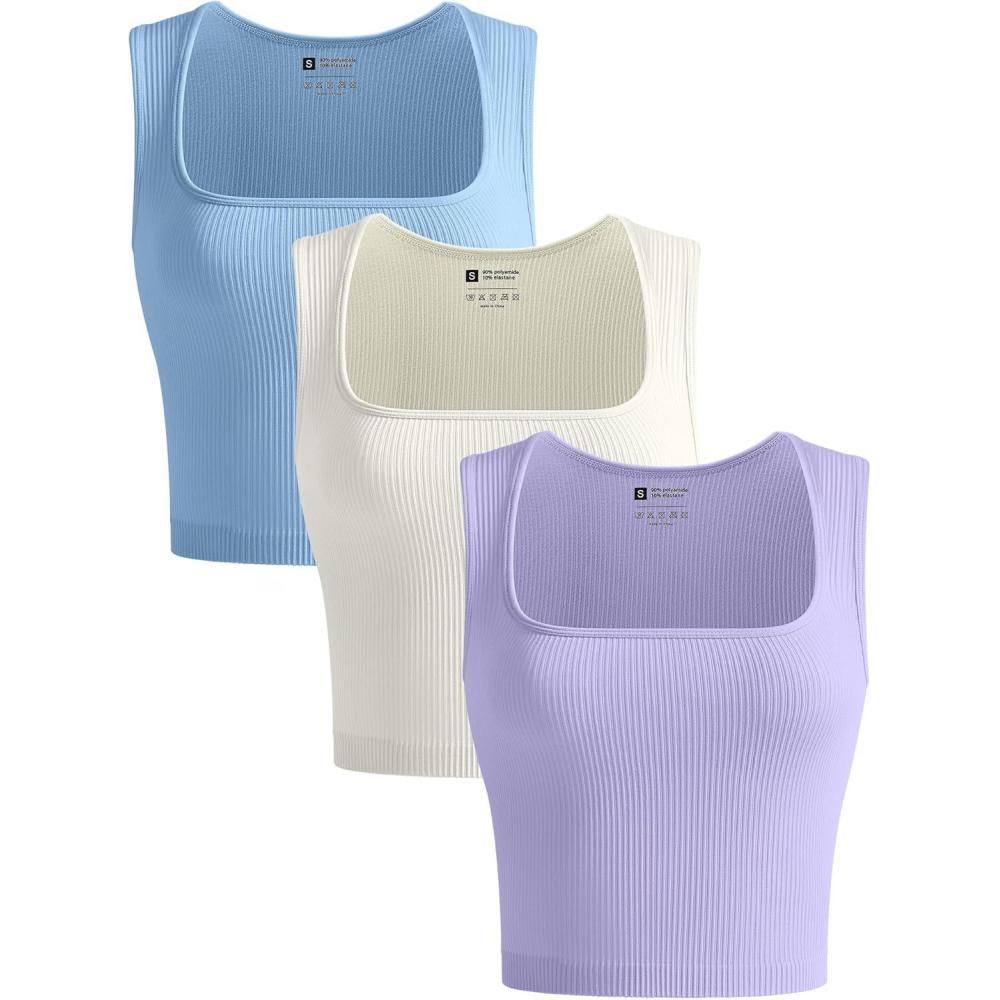 imageOLCHEE Womens 3 Pack Crop Tank Tops Seamless Ribbed Square Neck Tapered Shoulder Strap Sleeveless Workout Top Summer ShirtsBeige  Light Blue  Lavender