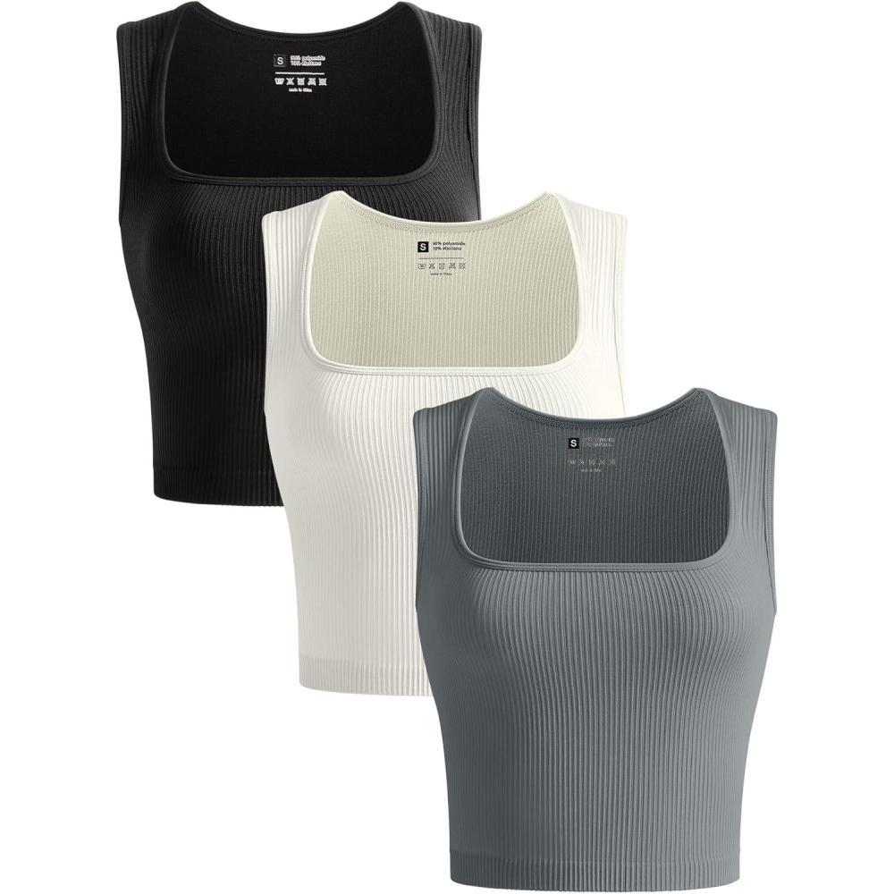 imageOLCHEE Womens 3 Pack Crop Tank Tops Seamless Ribbed Square Neck Tapered Shoulder Strap Sleeveless Workout Top Summer ShirtsBlack  Beige  Light Grey