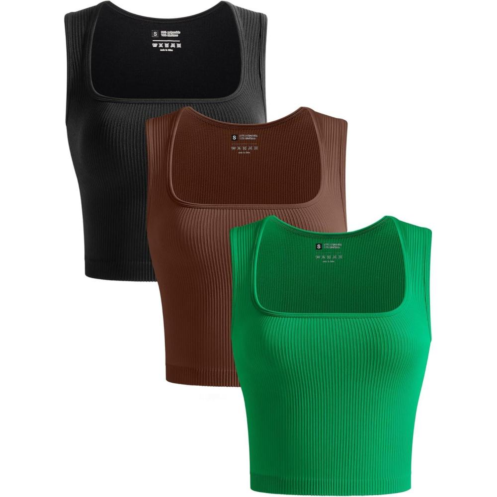 imageOLCHEE Womens 3 Pack Crop Tank Tops Seamless Ribbed Square Neck Tapered Shoulder Strap Sleeveless Workout Top Summer ShirtsBlack  Brown  Grass Green