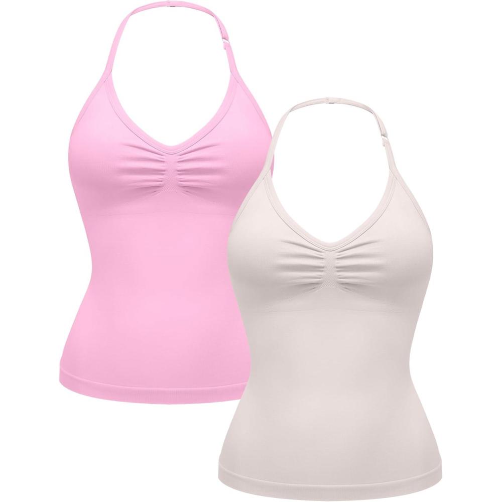 imageOLCHEE Womens Halter Tank Tops V Neck Impact Backless Longline Strappy Adjustable Gym Workout Top PaddedBeige Light Pink