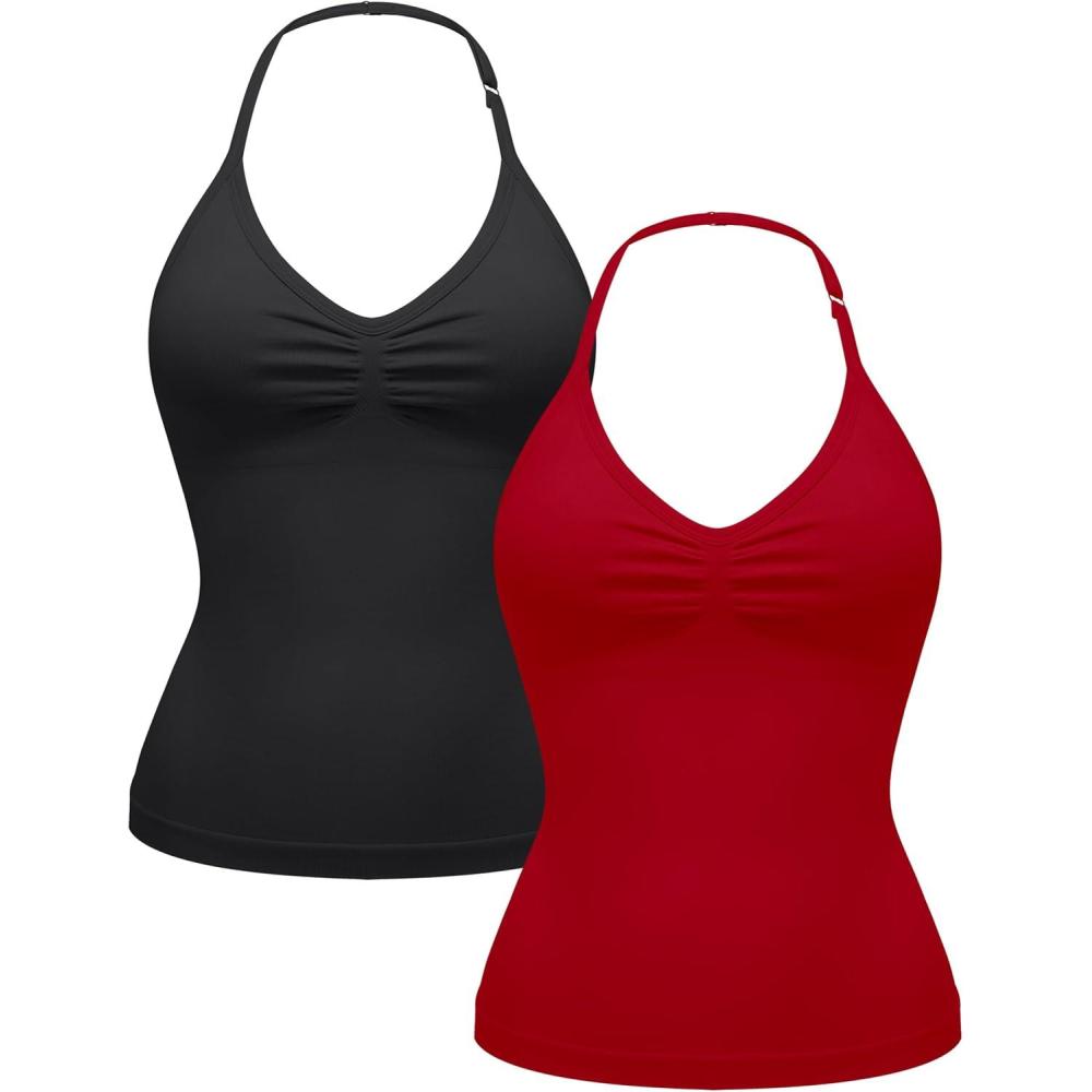 imageOLCHEE Womens Halter Tank Tops V Neck Impact Backless Longline Strappy Adjustable Gym Workout Top PaddedBlack Red