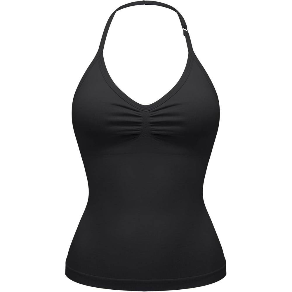 imageOLCHEE Womens Halter Tank Tops V Neck Impact Backless Longline Strappy Adjustable Gym Workout Top PaddedBlack