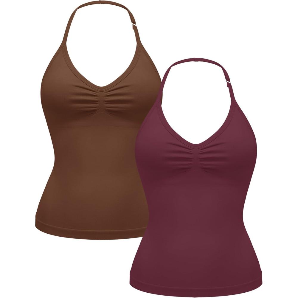 imageOLCHEE Womens Halter Tank Tops V Neck Impact Backless Longline Strappy Adjustable Gym Workout Top PaddedBrown Burgundy