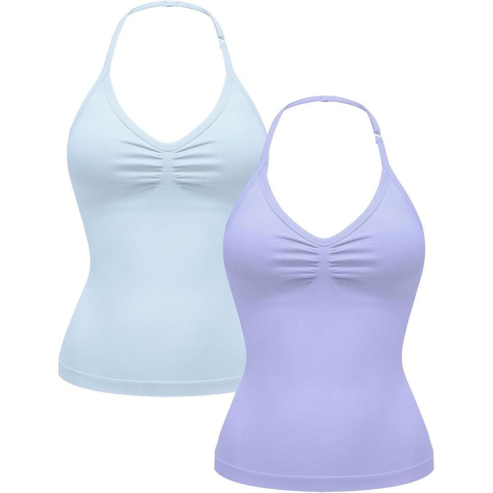 imageOLCHEE Womens Halter Tank Tops V Neck Impact Backless Longline Strappy Adjustable Gym Workout Top PaddedLight Blue Lavender