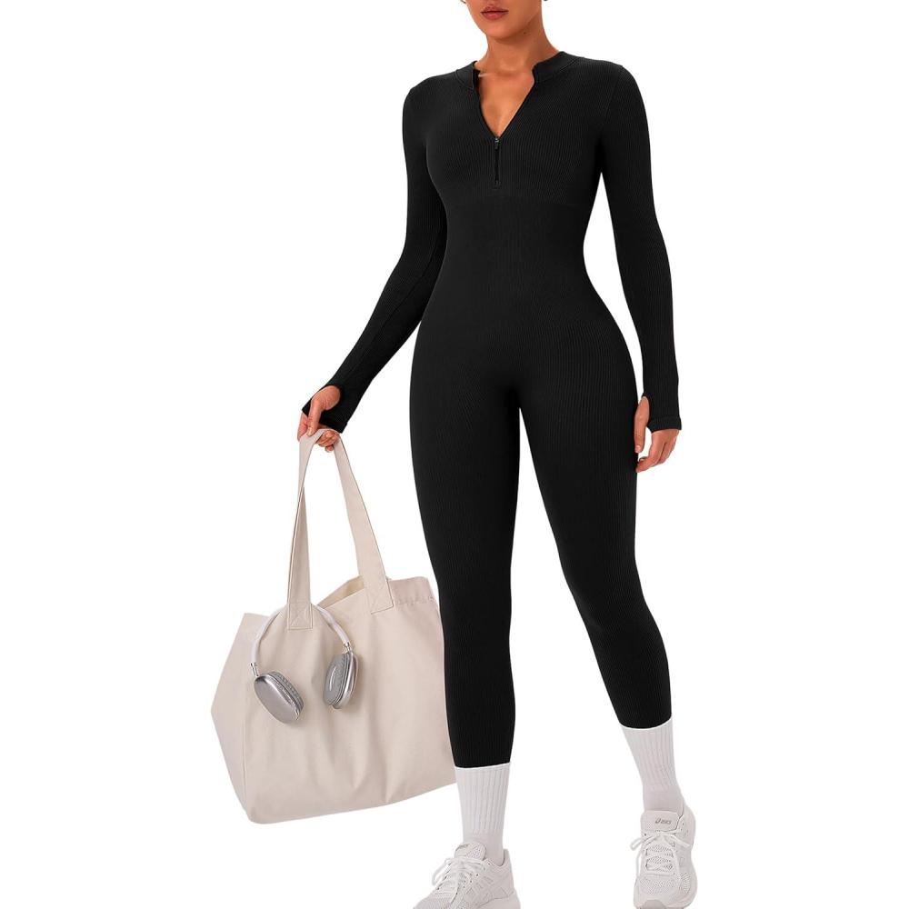 imageOLCHEE Womens Long Sleeve Workout Jumpsuit Seamless Ribbed Tummy Control Yoga Bodycon Zip Up One Piece Unitard Sculpt RompersBlack