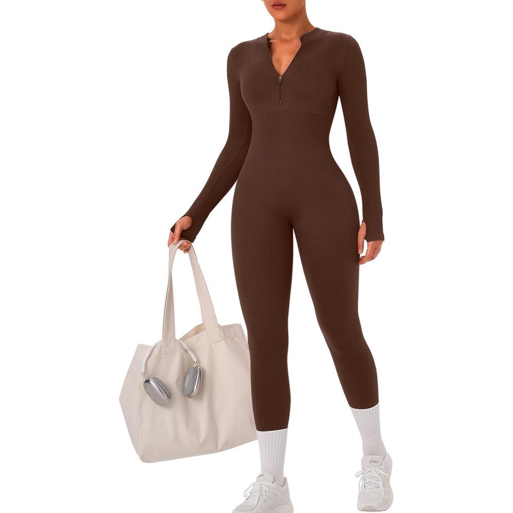 imageOLCHEE Womens Long Sleeve Workout Jumpsuit Seamless Ribbed Tummy Control Yoga Bodycon Zip Up One Piece Unitard Sculpt RompersBrown