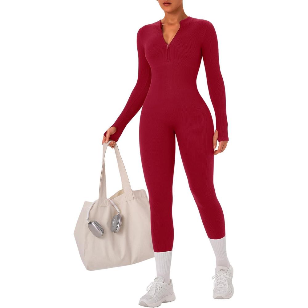 imageOLCHEE Womens Long Sleeve Workout Jumpsuit Seamless Ribbed Tummy Control Yoga Bodycon Zip Up One Piece Unitard Sculpt RompersCherry Red