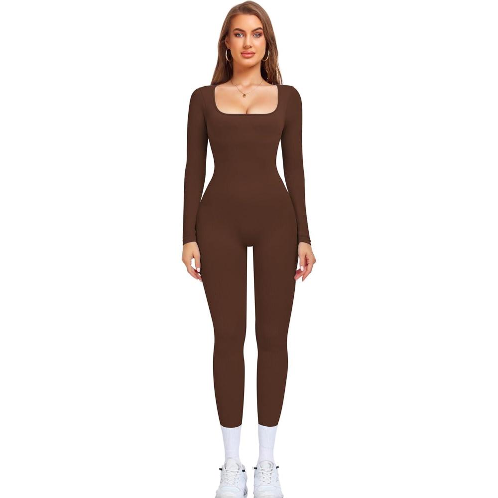 imageOLCHEE Womens Long Sleeve Workout Jumpsuit Square Neck Ribbed Seamless Yoga Romper Sexy Bodycon Tummy Control Unitard OnesieLeggings Brown