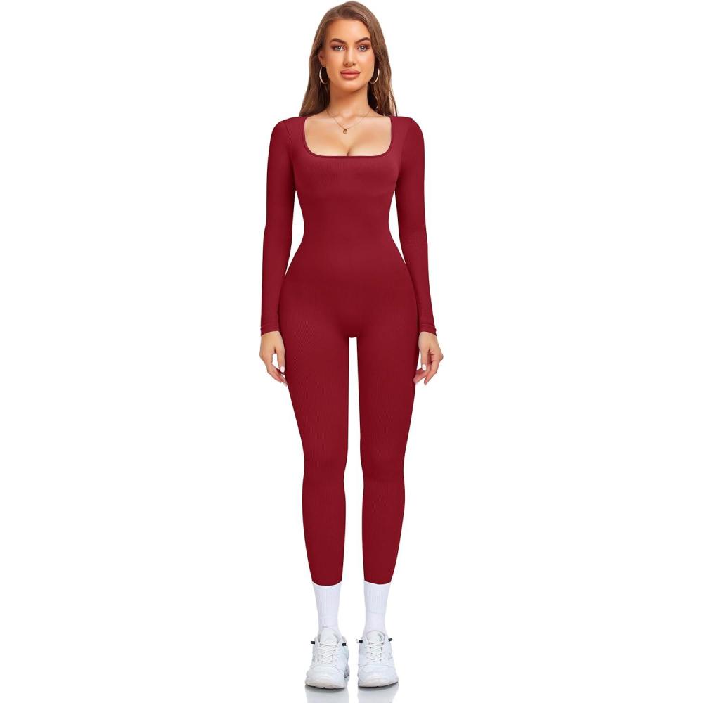 imageOLCHEE Womens Long Sleeve Workout Jumpsuit Square Neck Ribbed Seamless Yoga Romper Sexy Bodycon Tummy Control Unitard OnesieLeggings Cherry Red