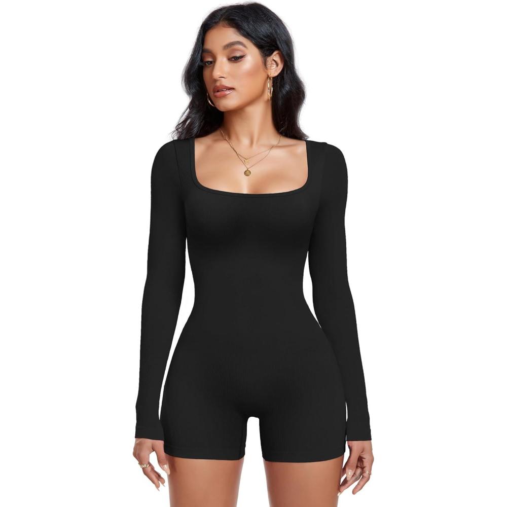 imageOLCHEE Womens Long Sleeve Workout Jumpsuit Square Neck Ribbed Seamless Yoga Romper Sexy Bodycon Tummy Control Unitard OnesieShorts Black