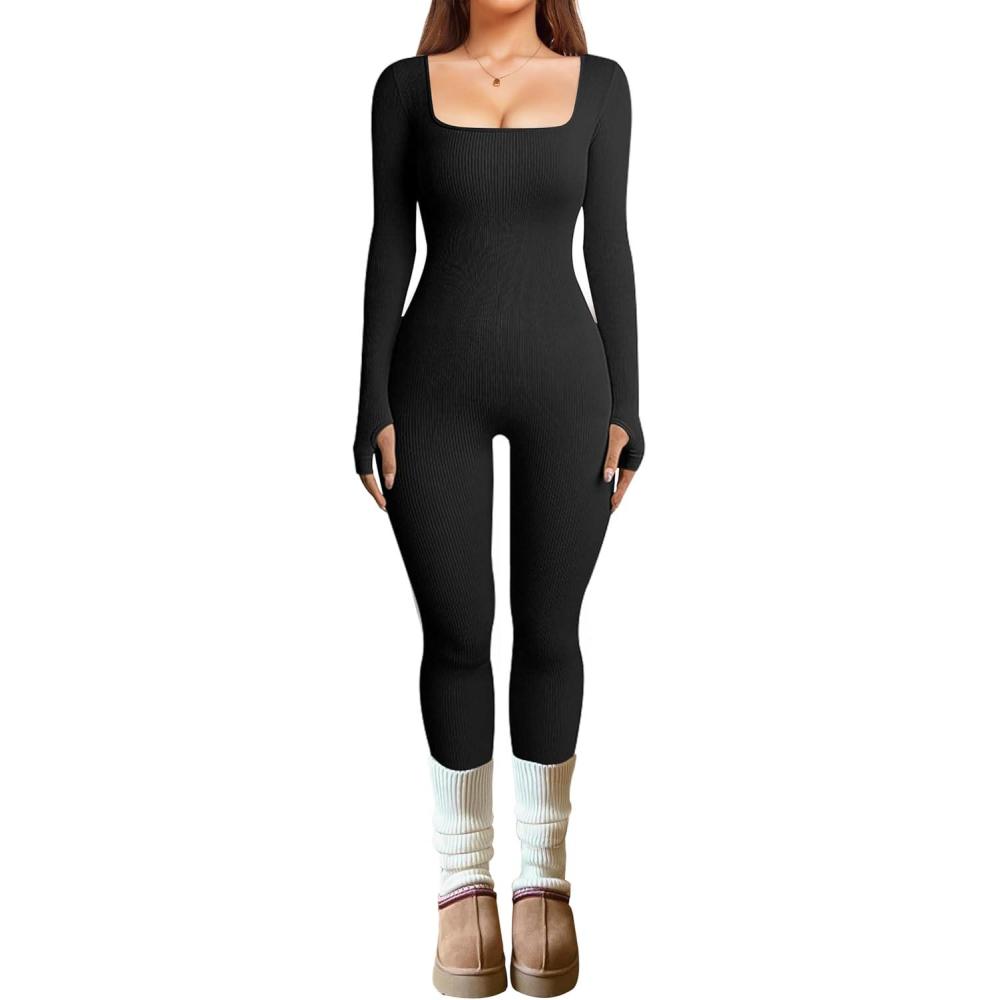imageOLCHEE Womens Long Sleeve Workout Jumpsuit Square Neck Ribbed Seamless Yoga Romper Sexy Bodycon Tummy Control Unitard OnesieThumb Hole Black