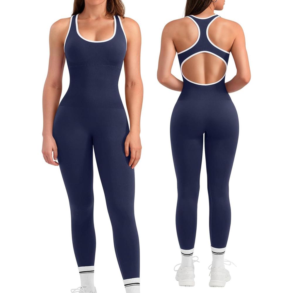 imageOLCHEE Womens Workout Jumpsuits Seamless Yoga Gym Bodycon Rompers Sexy Racerback Tummy Control Padded Bra UnitardContrast Trim Navy