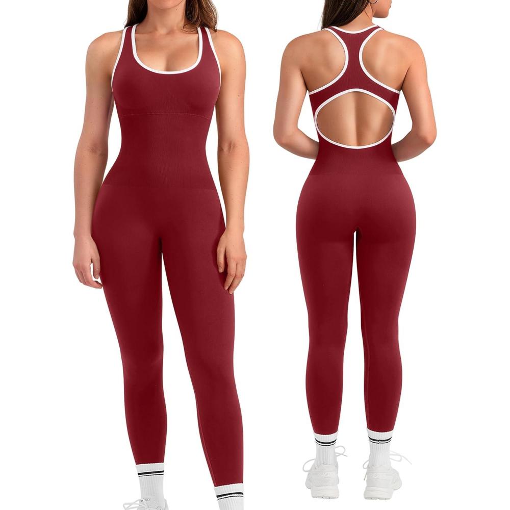 imageOLCHEE Womens Workout Jumpsuits Seamless Yoga Gym Bodycon Rompers Sexy Racerback Tummy Control Padded Bra UnitardContrast Trim Red