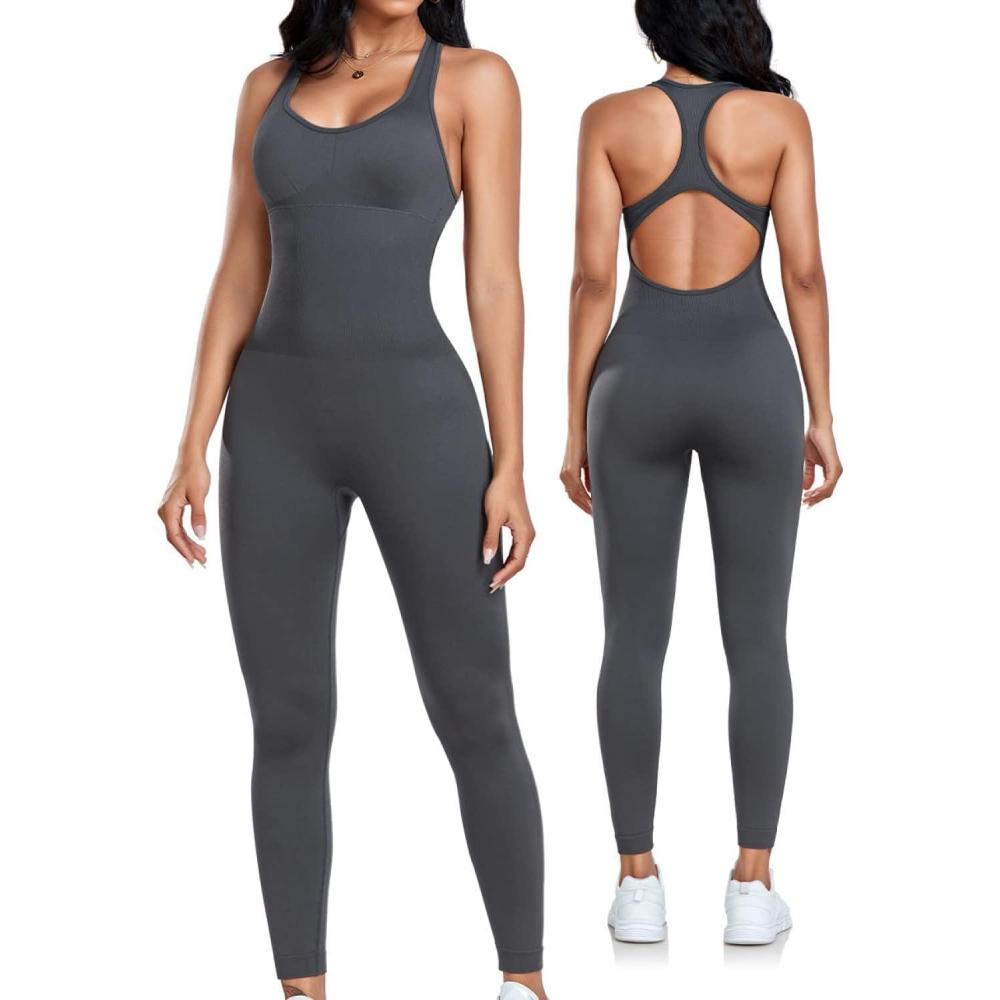 imageOLCHEE Womens Workout Jumpsuits Seamless Yoga Gym Bodycon Rompers Sexy Racerback Tummy Control Padded Bra UnitardGrey