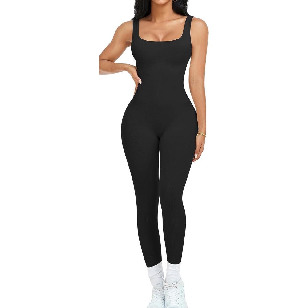 imageOLCHEE Womens Workout Rompers Jumpsuits Seamless Ribbed Yoga Gym One Piece Sleeveless Square Neck Tank Top Leggings UnitardBlack